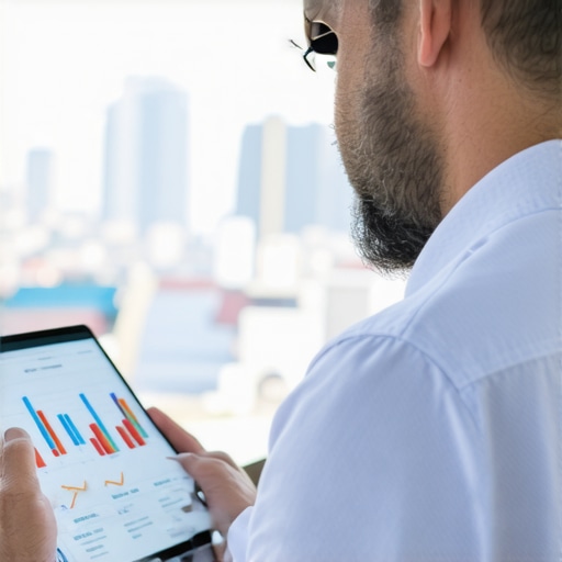 Business owner analyzing local SEO analytics on tablet in urban environment.