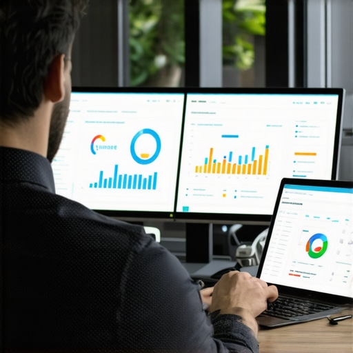 Digital marketer reviewing local SEO signals and analytics on multiple screens.