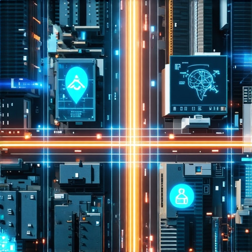 Futuristic digital map showcasing augmented reality and geolocation signals in urban environment.