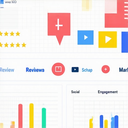 Diagram showing various local SEO signals like reviews, schema, social media, and engagement analytics.