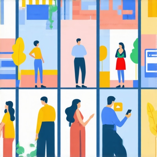 Neighborhood with local businesses, people using smartphones, and digital overlays indicating local search activity.