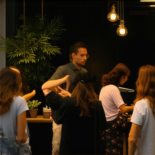 People interacting with a local business, both on mobile devices and in person, emphasizing behavioral signals in local SEO.