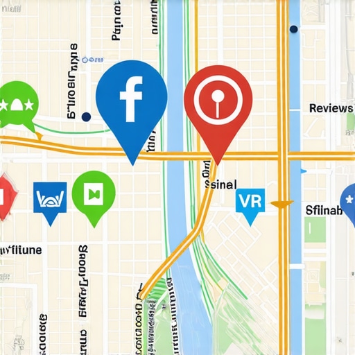 Illustration of city map with digital signals and social media icons for local SEO