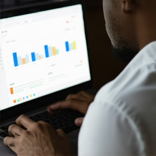 Business owner analyzing local SEO metrics on a laptop, focusing on map visibility