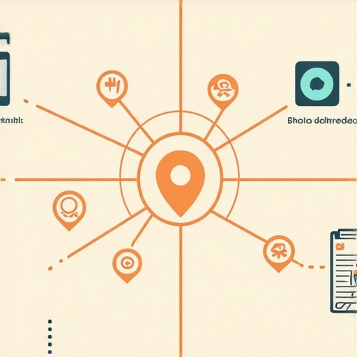 Spatial Signal Network for Local SEO Diagram illustrating IoT devices, social check-ins, and GIS data connected to improve map ranking signals.