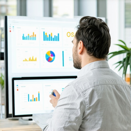 Business owner reviewing live engagement metrics on a digital dashboard in an office