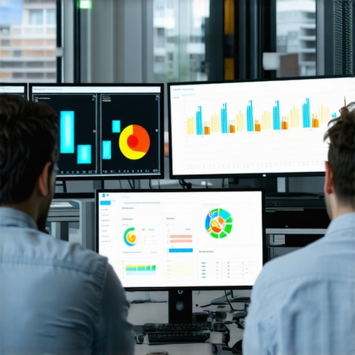 Team of marketing professionals reviewing analytics dashboards with heatmaps and engagement metrics.