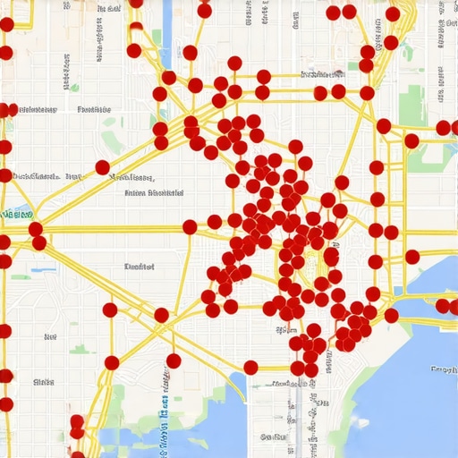 Illustration of geographic data points connected with signals over a city map, emphasizing data analytics in local SEO.