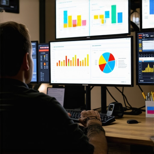 Professional analyzing local SEO analytics and user engagement metrics on computer screens