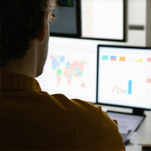 Expert analyzing local SEO and map ranking data on multiple screens.