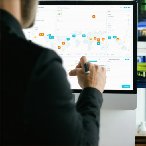 Business professional reviewing complex data streams for map ranking improvements.