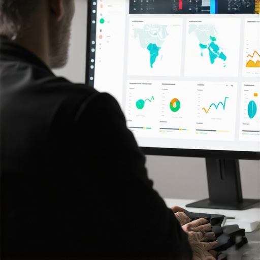 Person reviewing digital analytics dashboard with geo-maps and behavior charts.