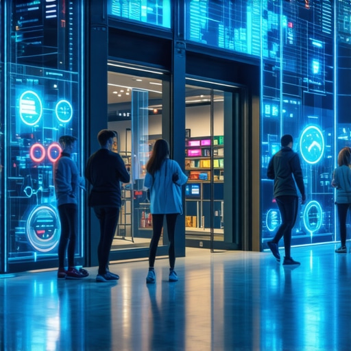 A modern retail storefront equipped with IoT sensors visualized through digital overlays, representing data-driven local SEO optimization