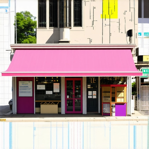 Business owner engaging with community in front of a local shop with digital map overlay