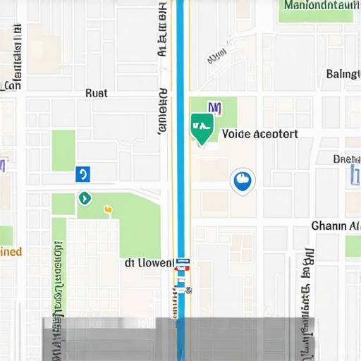 Futuristic digital map with AR elements, voice recognition icons, and user interaction visuals.