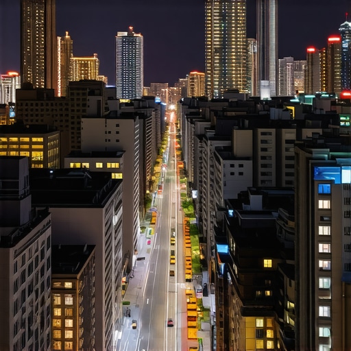 Cityscape with augmented reality markers highlighting local businesses at night.