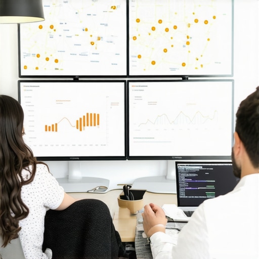 A team of digital marketers analyzing real-time local SEO data on multiple screens with maps and graphs