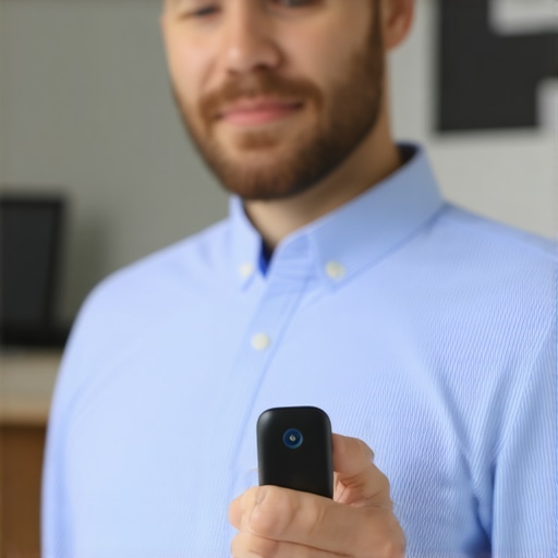 Business owner utilizing Bluetooth beacon device to gather customer foot traffic data in local store
