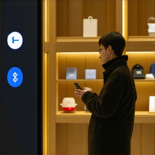 Smartphone user near Bluetooth beacons in a retail store, illustrating proximity data collection