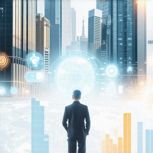 Smart city with data analytics and IoT sensors enhancing local search visibility.