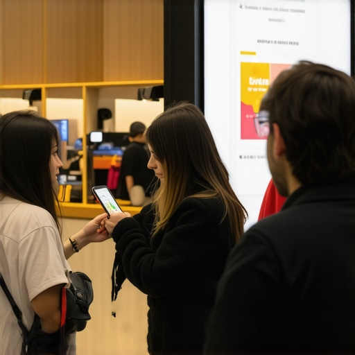 A lively retail area using Bluetooth proximity marketing and customer mobile interactions for local SEO.