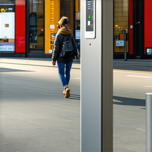 IoT sensors capturing foot traffic data in an urban retail environment.