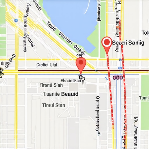Map with geofencing zones, transit overlays, and location pins demonstrating spatial data application in local SEO