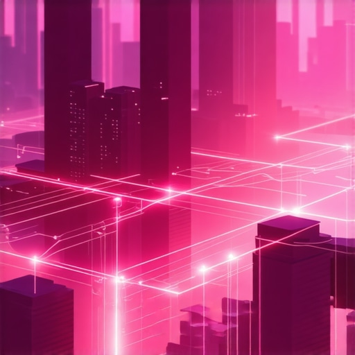 Cityscape with sensor signals and interconnected data pathways